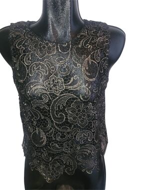 Sans Souci Black And Gold Lace Sheer Sleeveless Top Size M